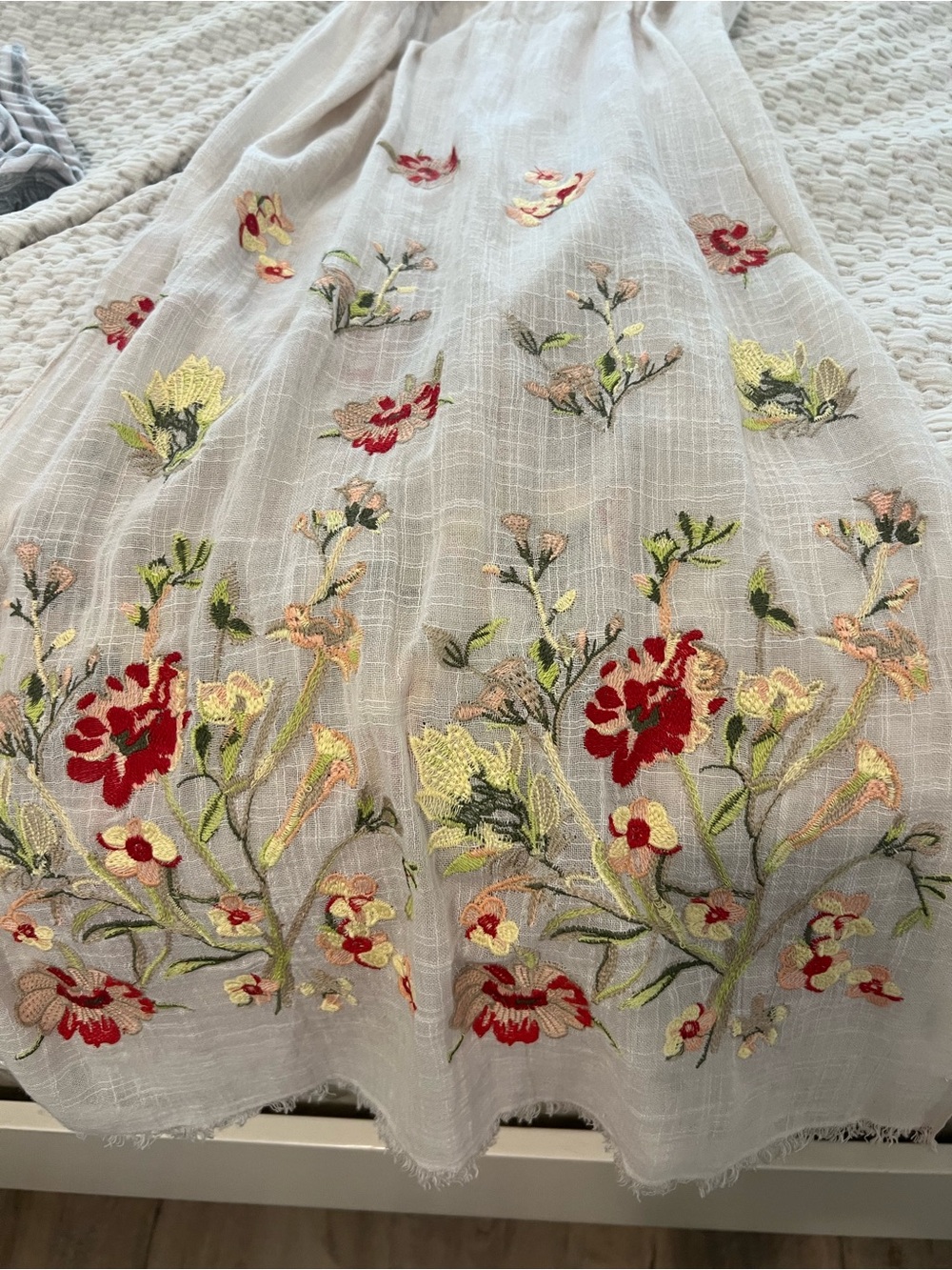 Embroidered White Floral Midi Skirt